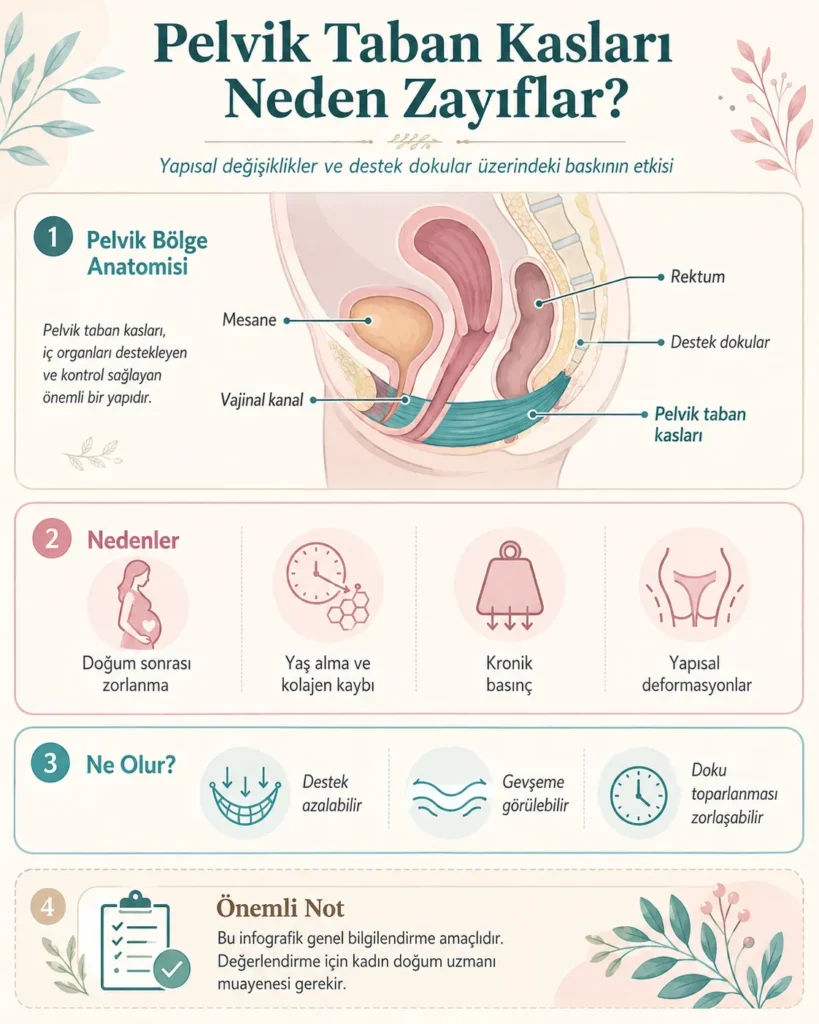 Pelvik taban kasları anatomisi ve vajinal gevşeme nedenleri infografiği - Op. Dr. İrem Yengel